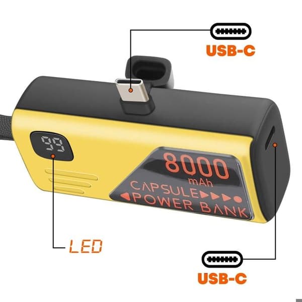 Power Bank - LINQ - Mini 8000mAh - Indbygget USB-C - Nøglebundt Format - Sort/Gul Gul