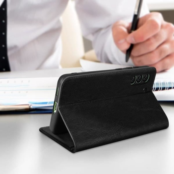 Galaxy S21 FE Folio Case Ægte læder kortholder Video Support - AVIZAR - Sort - Rigid - Flap - Unisex Svart