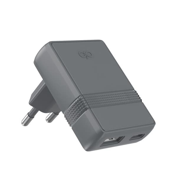 Strømforsyning - FORCE POWER - 30W PD GaN - USB-A + USB-C - L-formet kompakt - 100% genanvendt plastik Grå