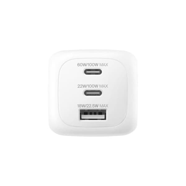"USB-C 100W max PD-PPS vægoplader: 2 USB-C 100W, 1 USB-A 22.5W - hvid - Belkin"