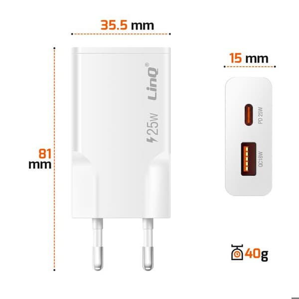 Extra platt väggladdare med dubbla USB-C och USB 25W LinQ vit Vit