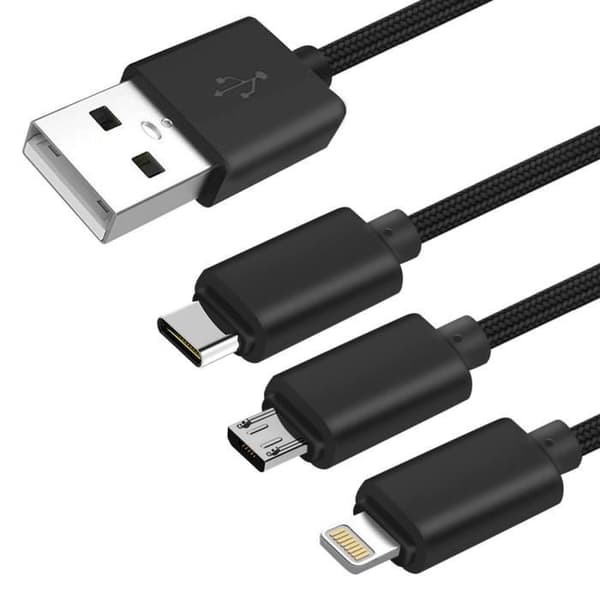 USB 3 i 1-kabel - Setty - Svart - 1m - 2A - Kompatibel med USB-C/Micro-USB/Lightning Svart