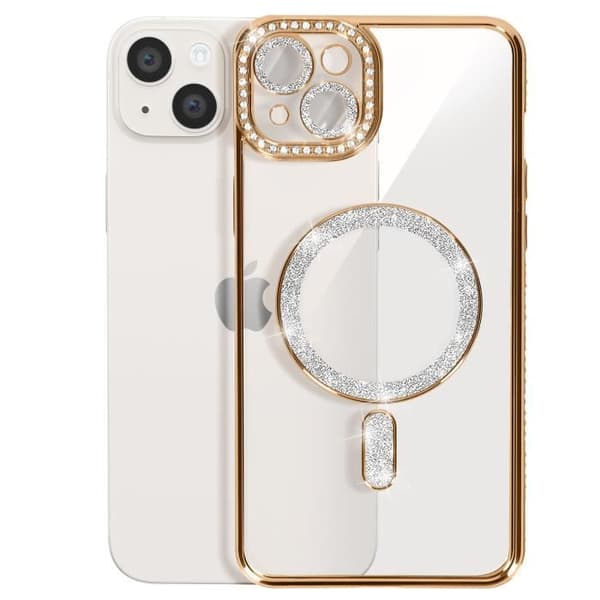 Coque - Diamant - iPhone 14 Plus - Guld Strass - Slitstark - MagSafe Kompatibel - Elegant Gul