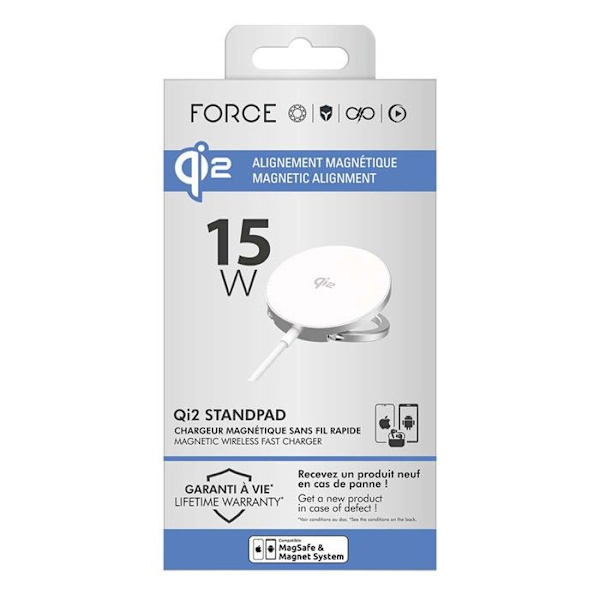 Trådlös Magnetisk Laddare - FORCE POWER - 15W Qi2 - Fällbart Stöd - USB-C Vit Vit