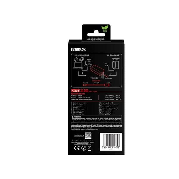 Ekstern batteri - EVEREADY - PX30B - 30000 mAh - Lithium-polymer - 2 USB-A udgange sort
