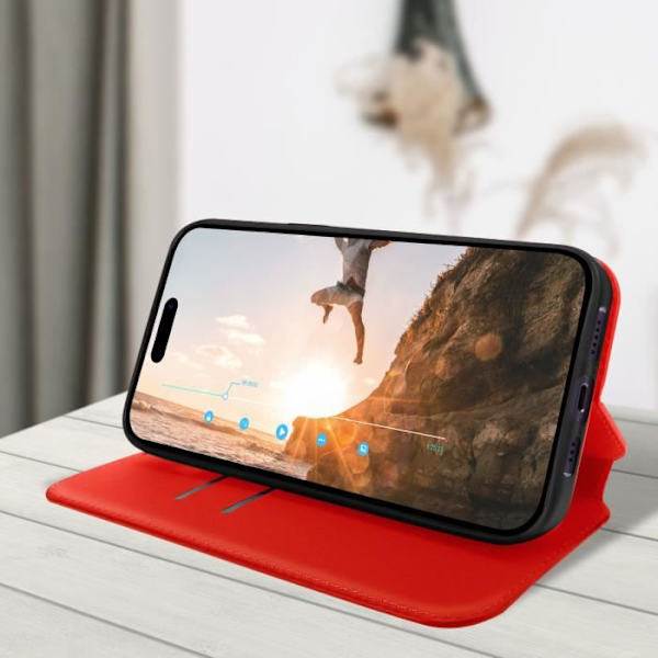 Folioskal - AVIZAR - iPhone 14 Pro - Fullständigt skydd - Stativfunktion - Korthållare Röd