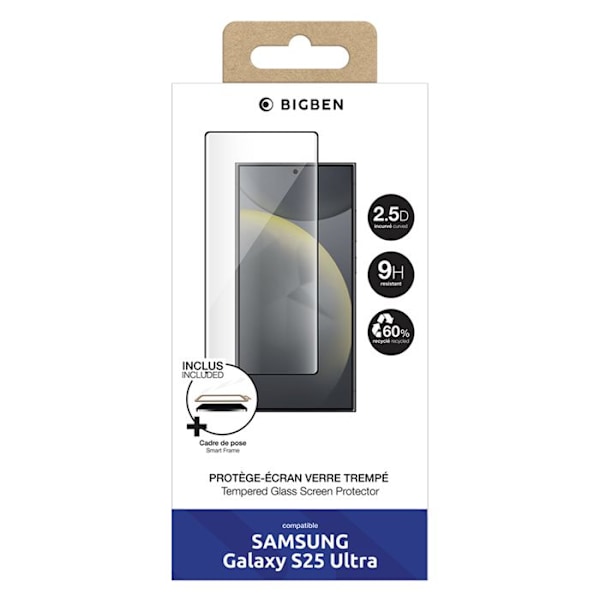 Skærmbeskyttelse til Galaxy S25 Ultra i 2.5D hærdet glas med BigBen Connected transparent applikator Vit