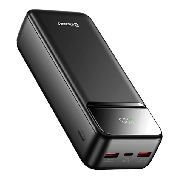 Batteri Extern 30000mAh med USB-C och 2 USB LED-skärm Kompakt Swissten Svart Svart