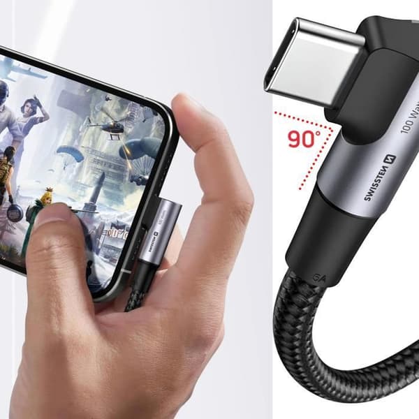 USB C-kabel - Swissten - 100W - Vinklet design - Flettet nylon - 2 meter Svart