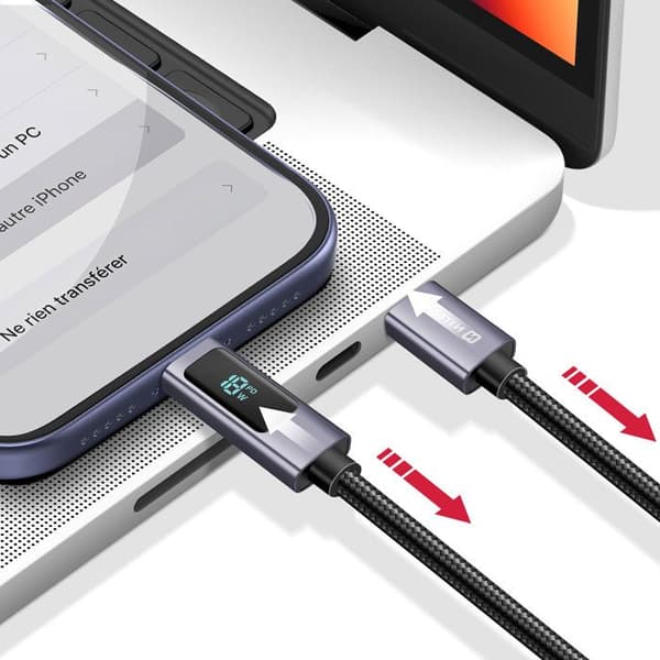 USB-C-kabel - SWISSTEN - 1m - 60W Power Delivery - LED-skärm - Flätad nylon
