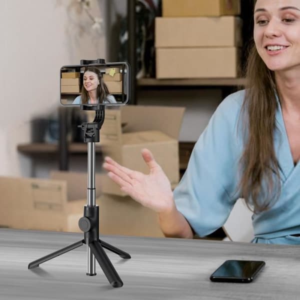 Bluetooth Selfie Stick 2in1 utdragbart stativ Roterande huvud Swissten Black