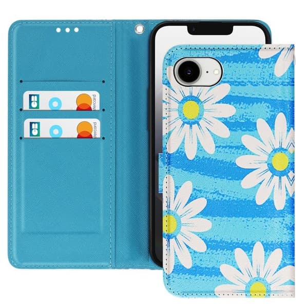 iPhone 16e-fodral Daisy-mönster med handledsrem och kortfack Blå Blå