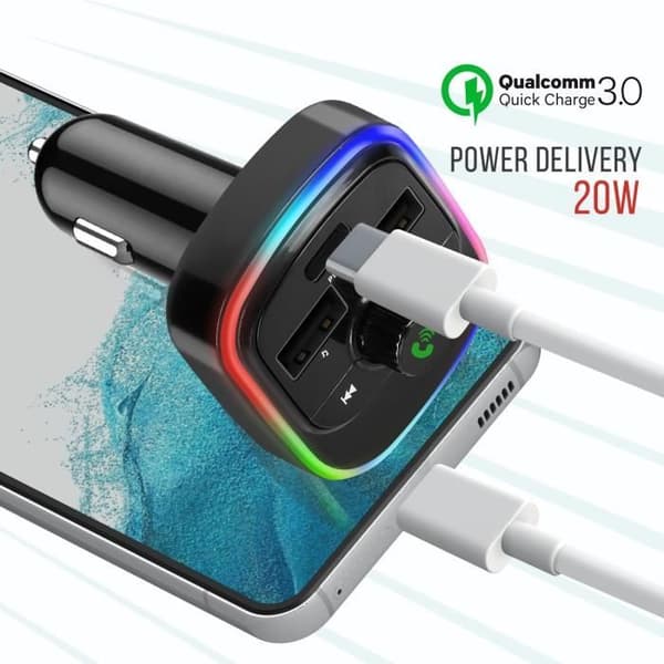 FM Bluetooth-sender - C4 - USB QC 3.0 biloplader - USB-C 20W - Sort - Håndfri Svart