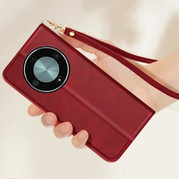 Kotelo Honor Magic 6 Lite 5G Flip Wallet Support -rannehihnalle, viininpunainen