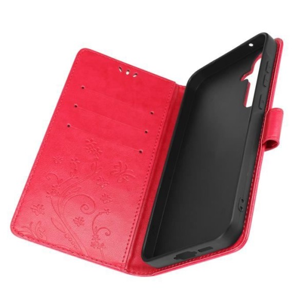 Fodral för Samsung Galaxy A55 Plånbok Flower Butterfly med röd handledsrem