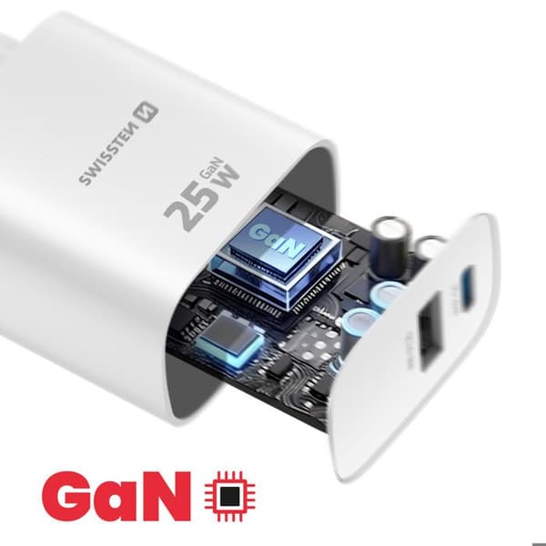 USB-C oplader 25W Power Delivery og USB-A Quick Charge 3.0 18W Swissten Hvid Vit