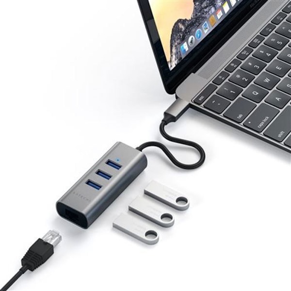 USB-hub - Satechi - USB-C HUB 4 i 1 - Grå Sidereal - 3 USB-portar - Ethernet-port RJ45