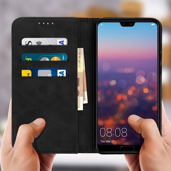 Housse - AVIZAR - Huawei P20 Pro - Øko-læder - Støt funktion - Kort opbevaring Svart