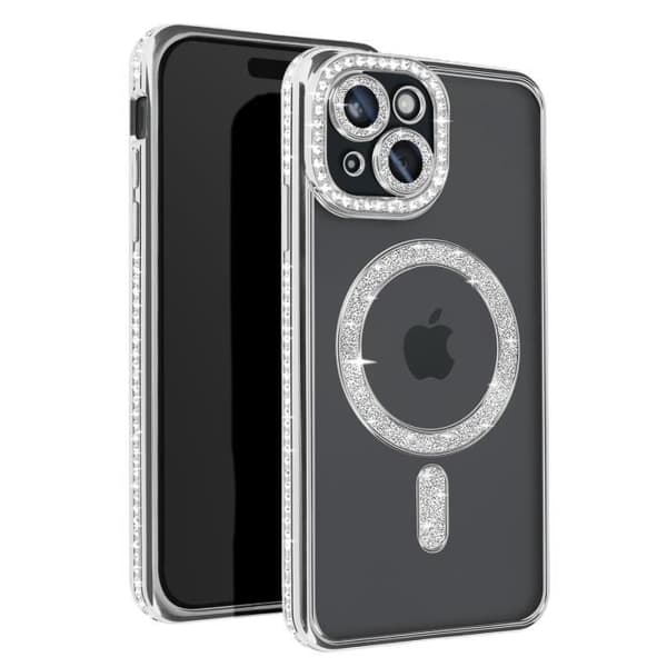 Cover - ADVARSEL - iPhone 15 - MagSafe beskyttelse - Strass kontur - Gennemsnit bagside Grå