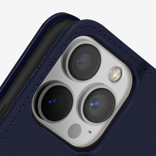 Premium Læder Beskyttelseshus til iPhone 13 Pro Max med Stativfunktion Natblå Mørkeblå