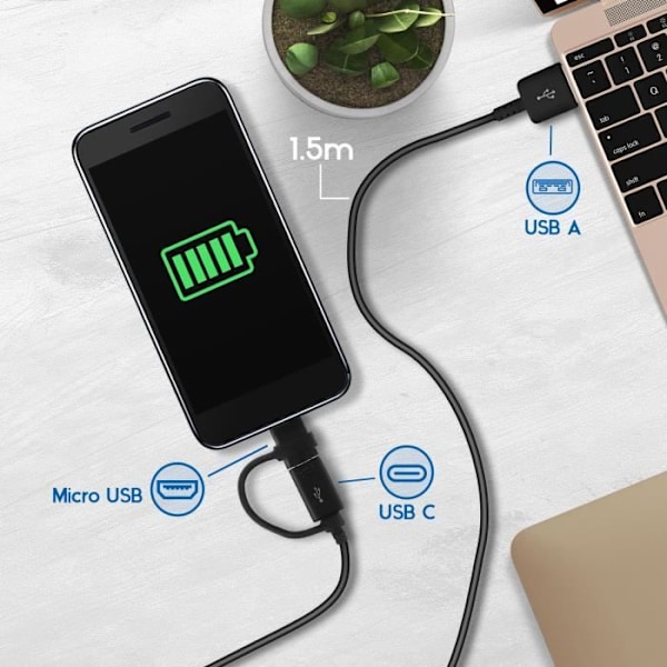 Kabel - SAMSUNG - Micro-USB / USB typ-C - 1.5m - Snabbladdning - Dataöverföring Svart