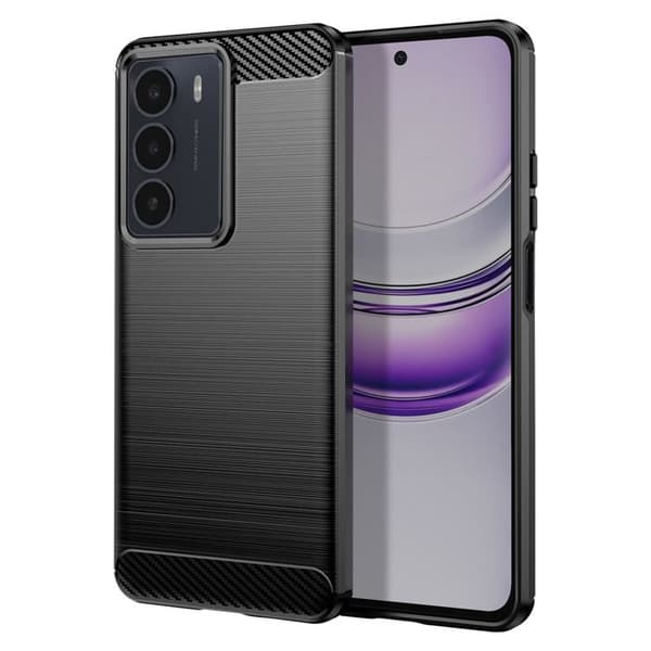 Coque - Realme - 14x og C75 - Silikone - Børstet Kulfiber Design - Sort Svart