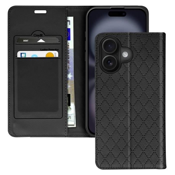 Foliofodral till iPhone 16 Plus - AVIZAR - Diamant - Korthållare - Videostöd - Svart Svart