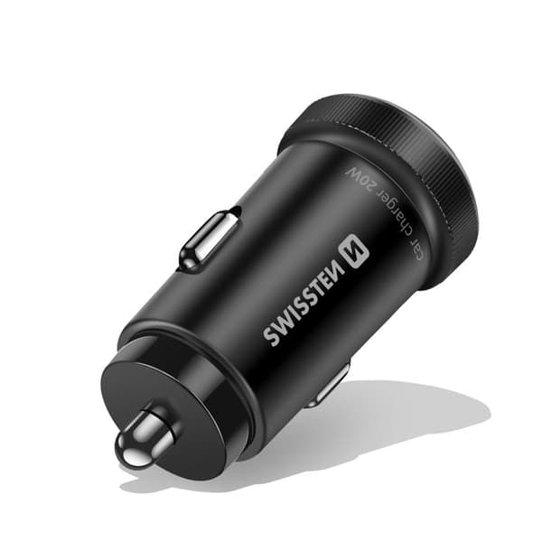USB-C biloplader 20W - SWISSTEN - Sort - USB-C kabel 1m - Dobbelt port - Universel Svart