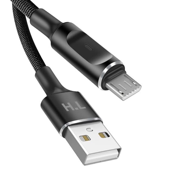USB-A - Micro-USB -kaapeli LED-valolla ja vakaa 2,4A lataus, nailonpunottu, 1,5m, musta
