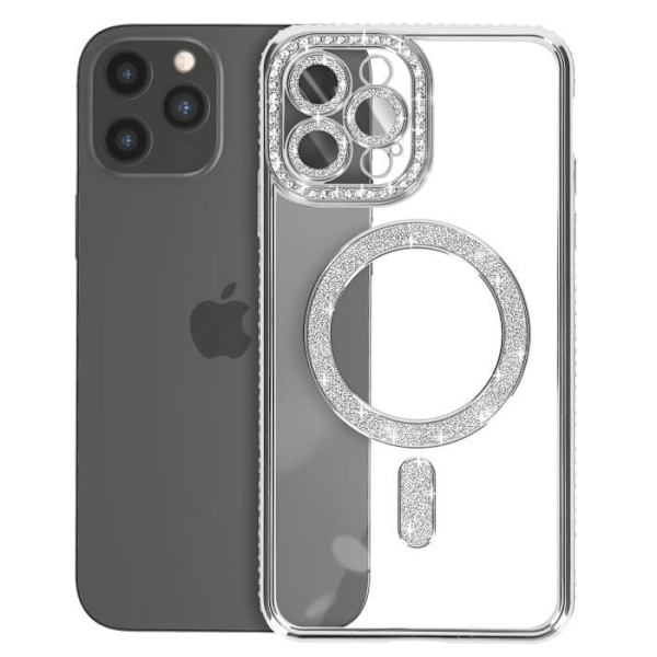 Diamantfodral för iPhone 12 Pro Max - AVIZAR - Silver Rhinestone Outline - Transparent baksida - MagSafe-kompatibel Grå