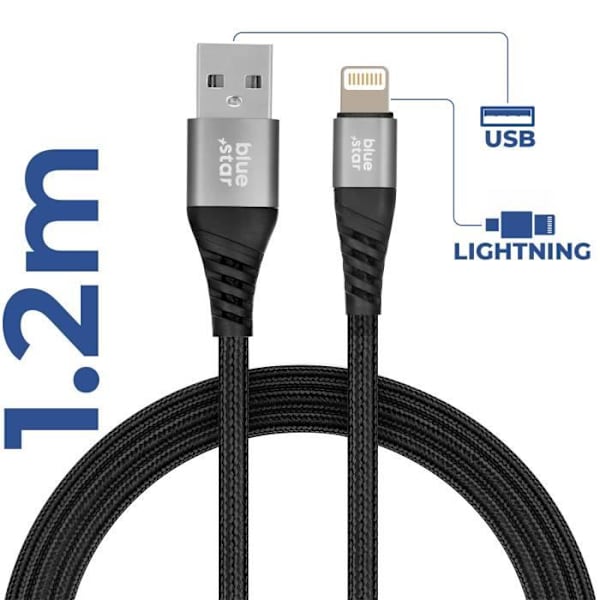 USB-Lightning-kaapeli - BLUESTAR - 1,2 m - 2,4 A pikalataus - Punottu nailon - Yhteensopiva iPhone/iPad Svart