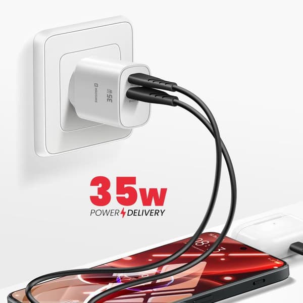 USB-C-laddare 35W Power Delivery och USB-A Quick Charge 3.0 18W Swissten Vit Vit
