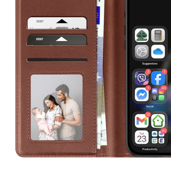Premium Läder Plånboksfodral för iPhone 16 med Ställfunktion Brun kastanj