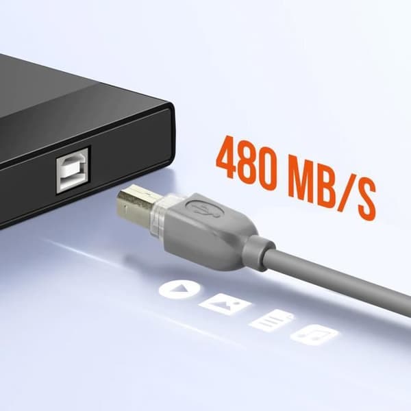 USB-A 2.0 - USB-B 2.0 - LinQ - 1,8m - Nopea Siirto - Vakaa Yhteys - Harmaa