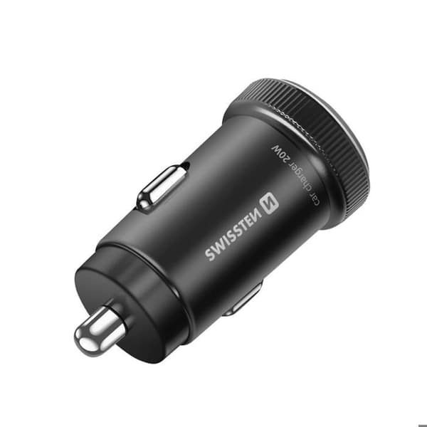 Biloplader - SWISSTEN - 2 USB-C 20W PD - USB-C kabel 1m - Kompakt design - Blåt LED Svart