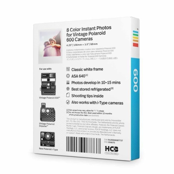 Polaroid - 600 färgfilmer - 8 filmpaket - ASA 640 - 10 min framkallning - vit ram