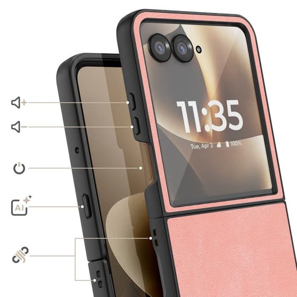 Fodral med lock för Motorola Razr 70 Ultra Skydd Fällbart Hårt Läder Effekt Rosa Ros
