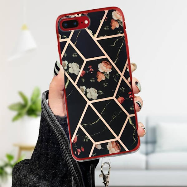 Suojakuori - AVIZAR - iPhone 8 Plus ja 7 Plus - Musta silikonigeeli - Geometrinen kuvio - Irrotettava nauha Svart