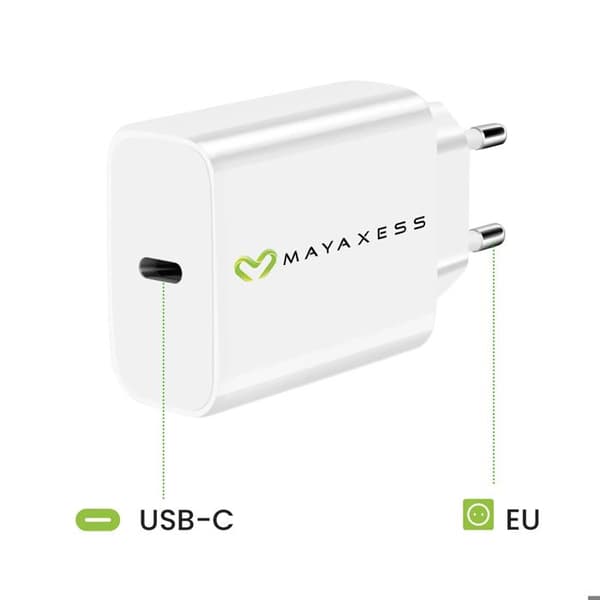 Strømforsyning til Fairphone 5 20W + USB-C kabel 1m Mayaxess Hvid Vit