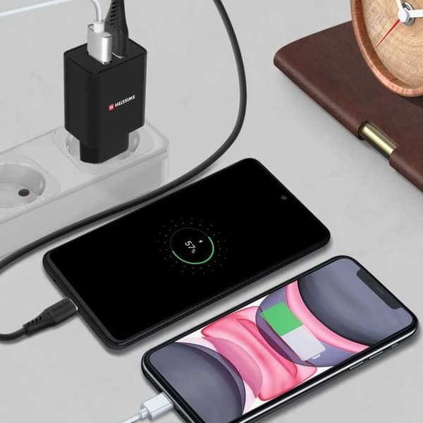 Dobbelt USB-netoplader - Swissten - Sort - 2.1A - 1.2m USB-C-kabel - Smart IC Svart