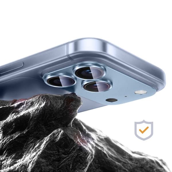 Beskyttelseskamera til iPhone 18 Pro Max i hærdet glas med lys blå titaniumramme