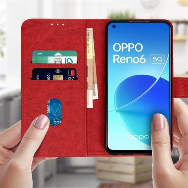 Oppo Reno 6 5G Case Flip Wallet Funktion Video Support Rød Rød Röd