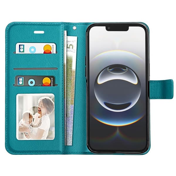 Plånboksfodral för iPhone 16 med videostöd och handledsrem Mayaxess Turkos Blå