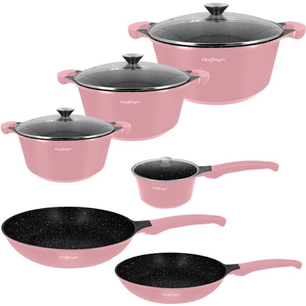 Keittiösetti 10 Kappaletta 3 Kattilaa/2 Paistinpannua/1 Kastrulli Soft-Touch Kahva Cheffinger Vaaleanpunainen