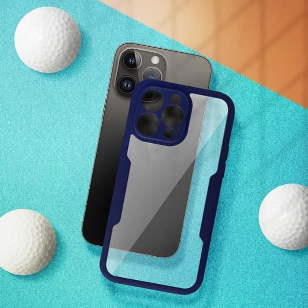 Cover til iPhone 14 Pro Max Plexiglas Bagside og Polymer Front Blå kontur Blå