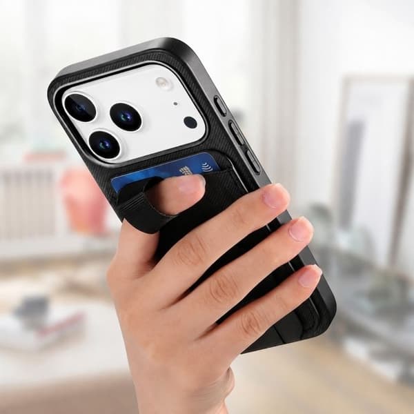 iPhone 17 Pro Max Cover med Stofeffekt, Støtte og Kortholder i Sort Svart