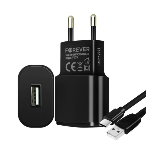 Lader - Forever - USB Type-C - 1A - Kabel 1,2m - Sort Svart