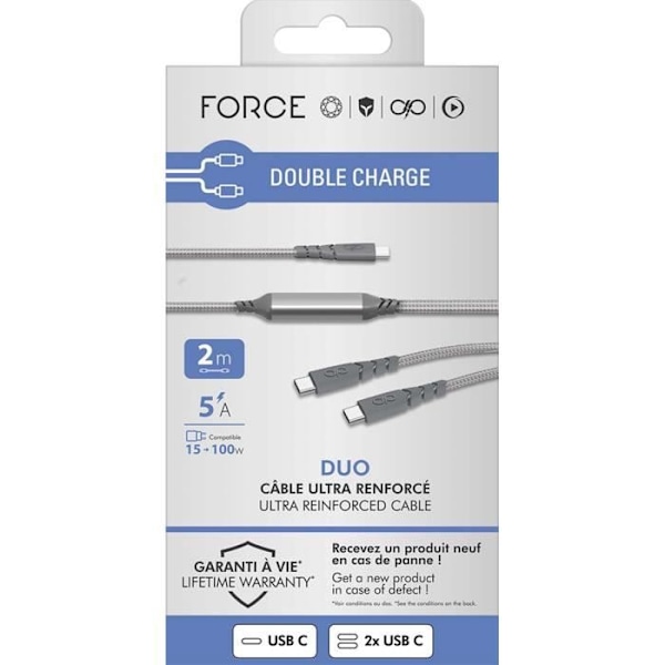Ultra-forstærket USB C/USB C + USB C Duo-kabel 2m 100W Grå - Force Power Livstidsgaranti
