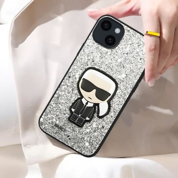 Cover til iPhone 14 Plus Sparkling Glitter Design Hævede kanter Karl Lagerfeld Sølv Grå