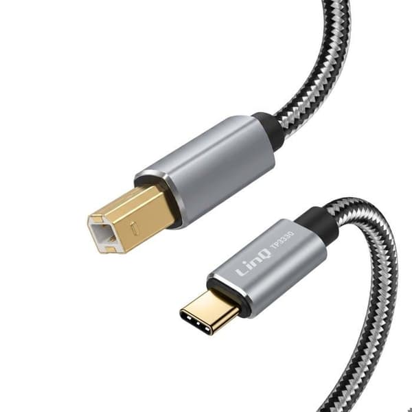 USB-C - USB-B 2.0 480Mbps tulostimelle, 3m nailonpunottu kaapeli, LinQ Harmaa